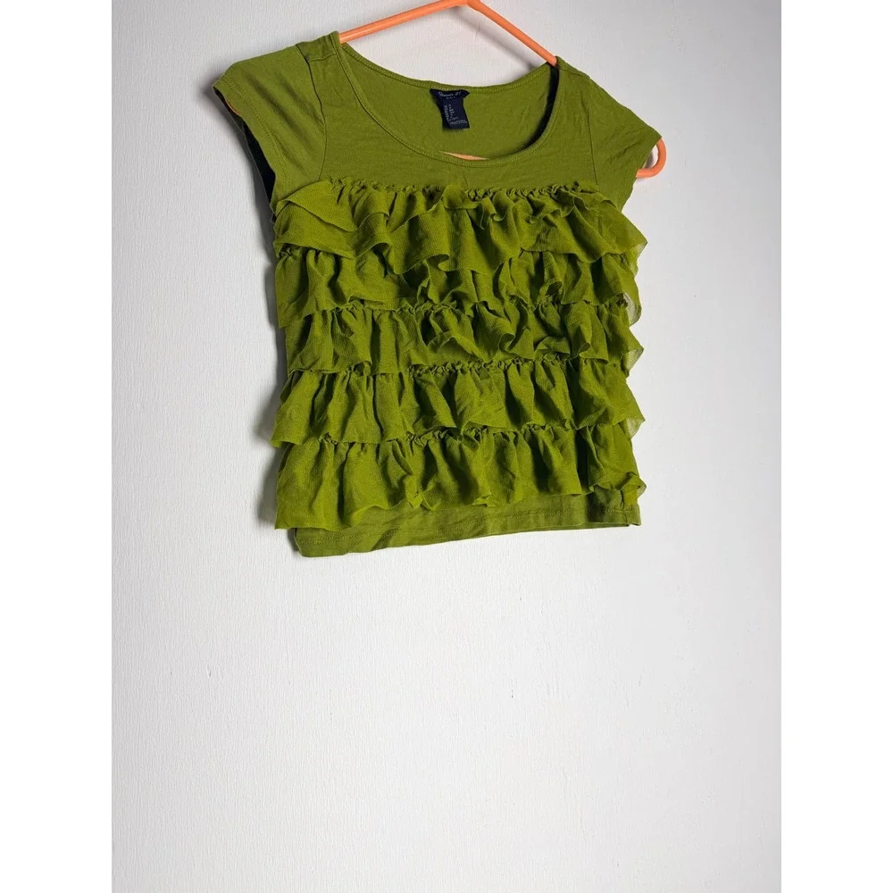 Forever 21 Girls Olive Green Ruffle Front Short Sleeve Top Size M 9/10